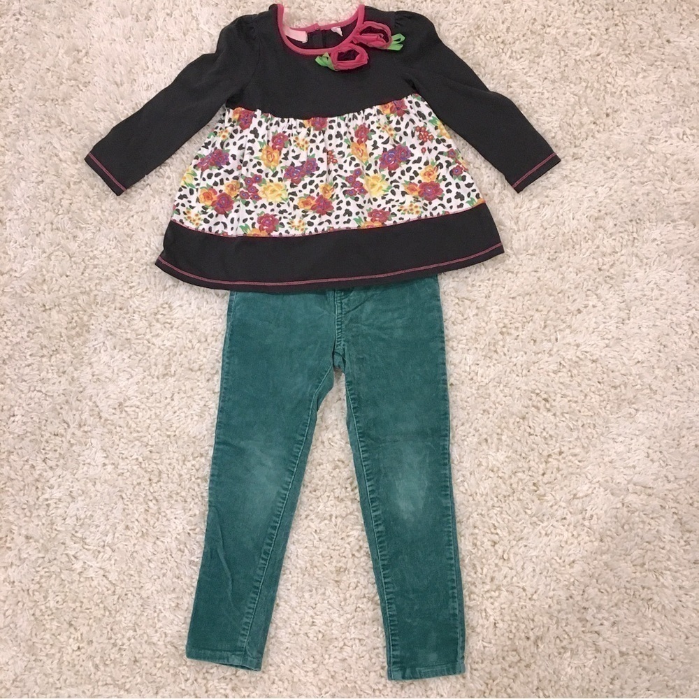 Bundle 2 Pcs Set Little Girls Floral Long sleeve top and Green Velvet Pant